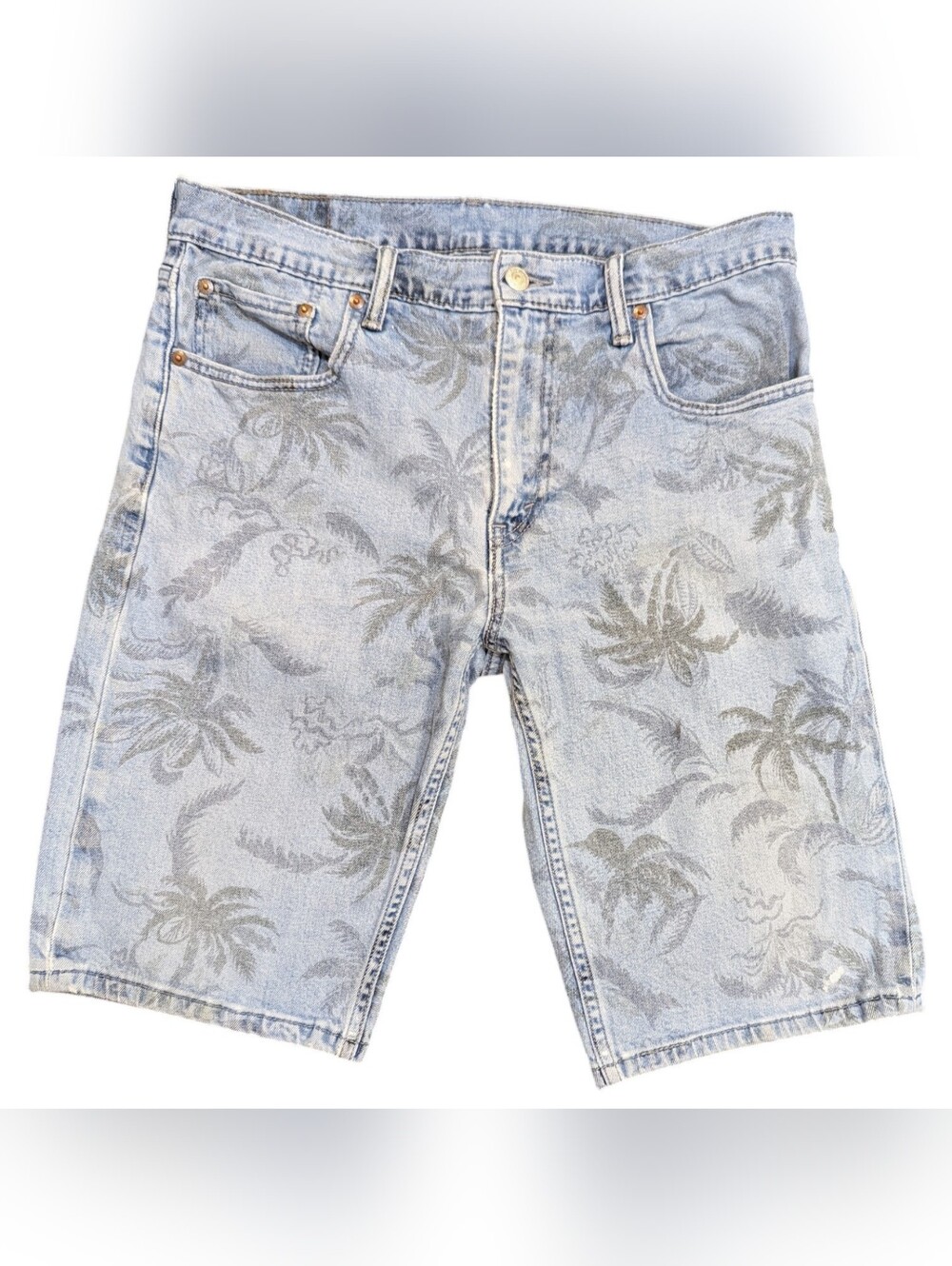 Levi's 502 Denim Shorts Mens 33 Blue Palm Tree Print Tropical Summer Beach Surf